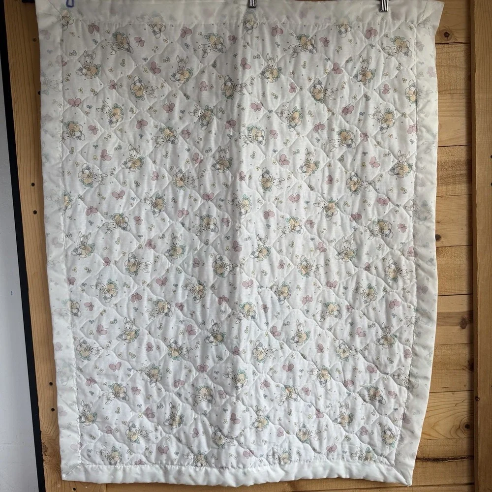 Vintage Precious Moments Baby Blanket Bunny Butterfly White Boy Girl Nursery 90s